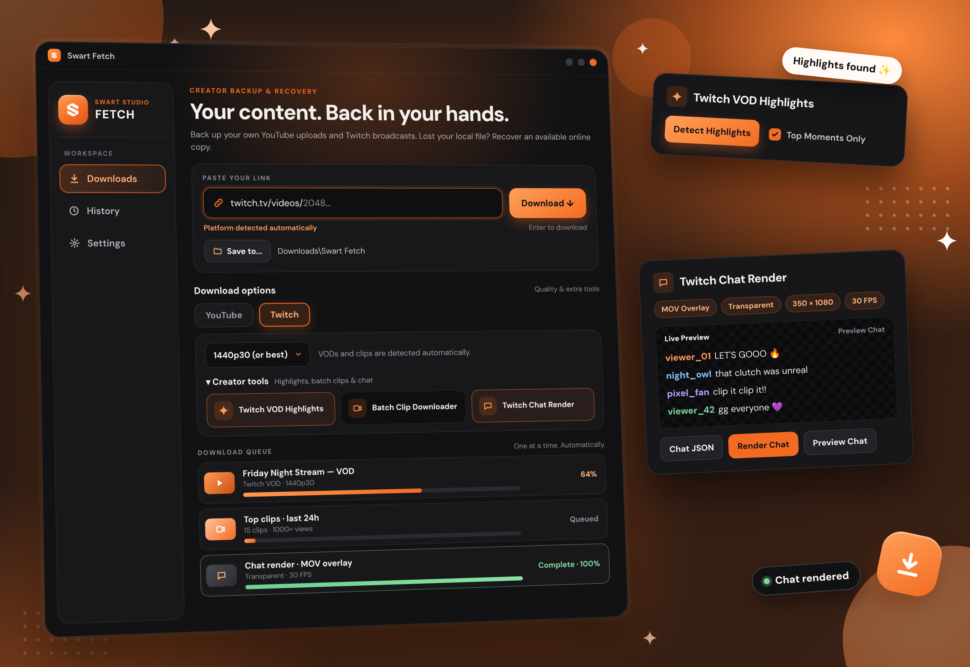 Illustration of the Swart Fetch app for Windows: a download screen with a Twitch VOD link, download queue, VOD highlights and chat render tools