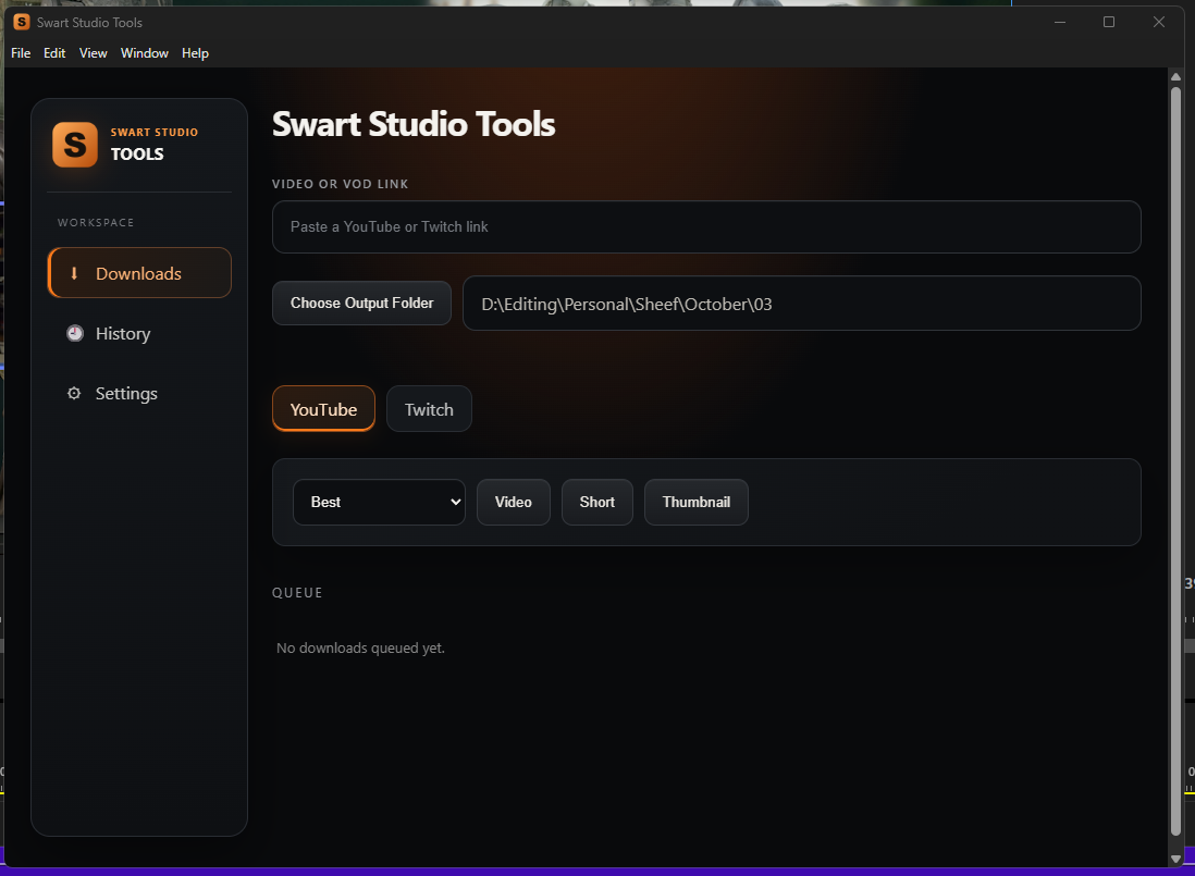 Swart Studio Tools app showing the Downloads screen with a link field, output folder and YouTube and Twitch tabs